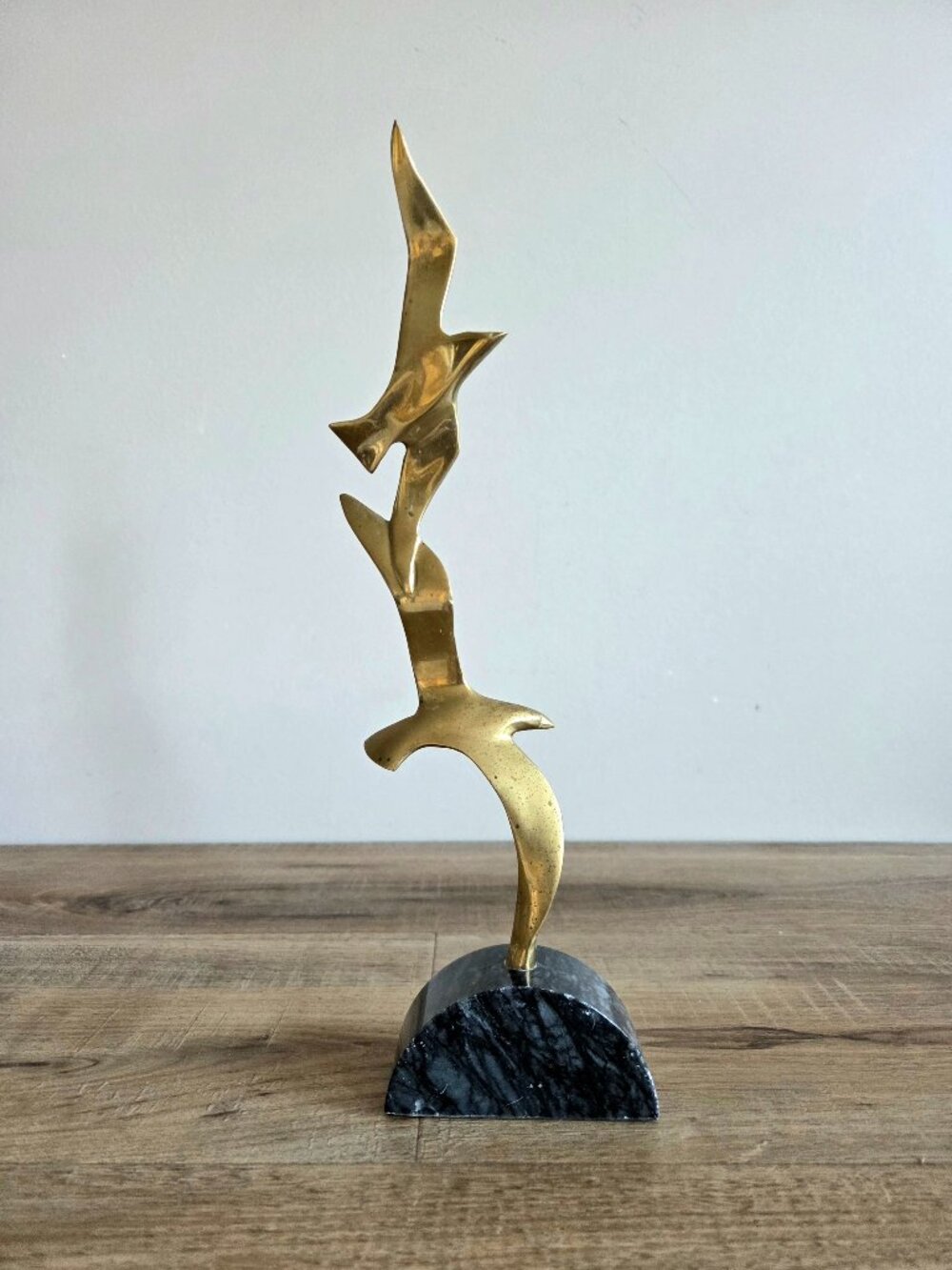 Midcentury Modern Brass and Marble Stone Sculpture Flying Seagulls Birds.